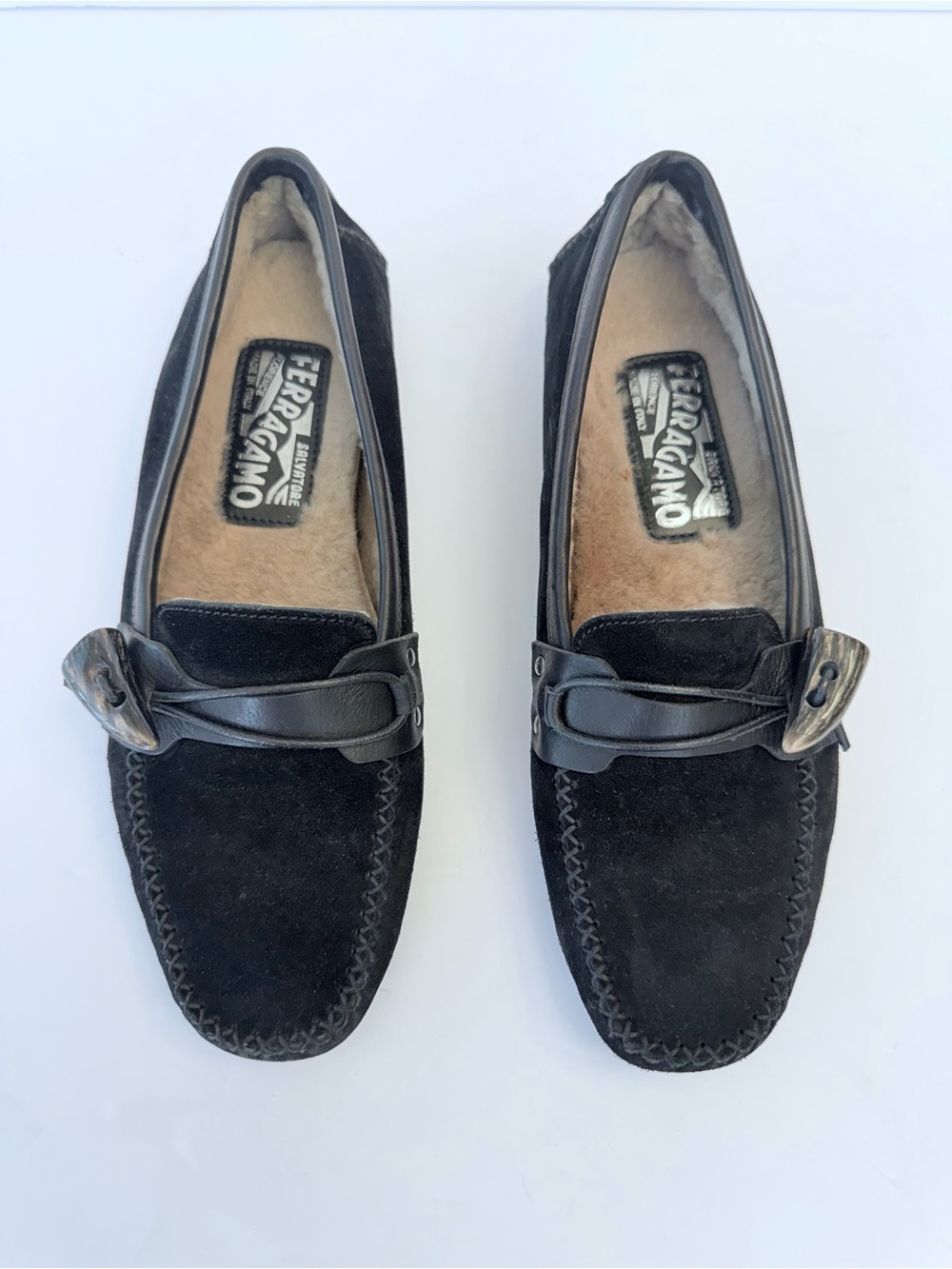 Salvatore Ferragamo black suede faux fur lined riding loafers, size 6.5
